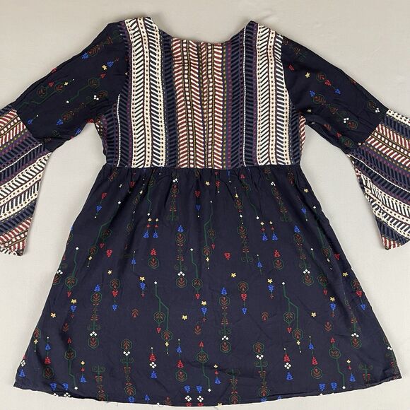 Umgee Lace Up Front Bell Sleeve Mini Dress Tunic Women's Sm Blue Floral Boho - Picture 3 of 15